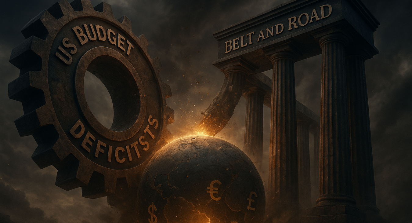 Dramatic cinematic scene of colossal gears labeled 'US Budget Deficits' and pillars representing China's 'Belt and Road' network colliding over a shimmering landscape.