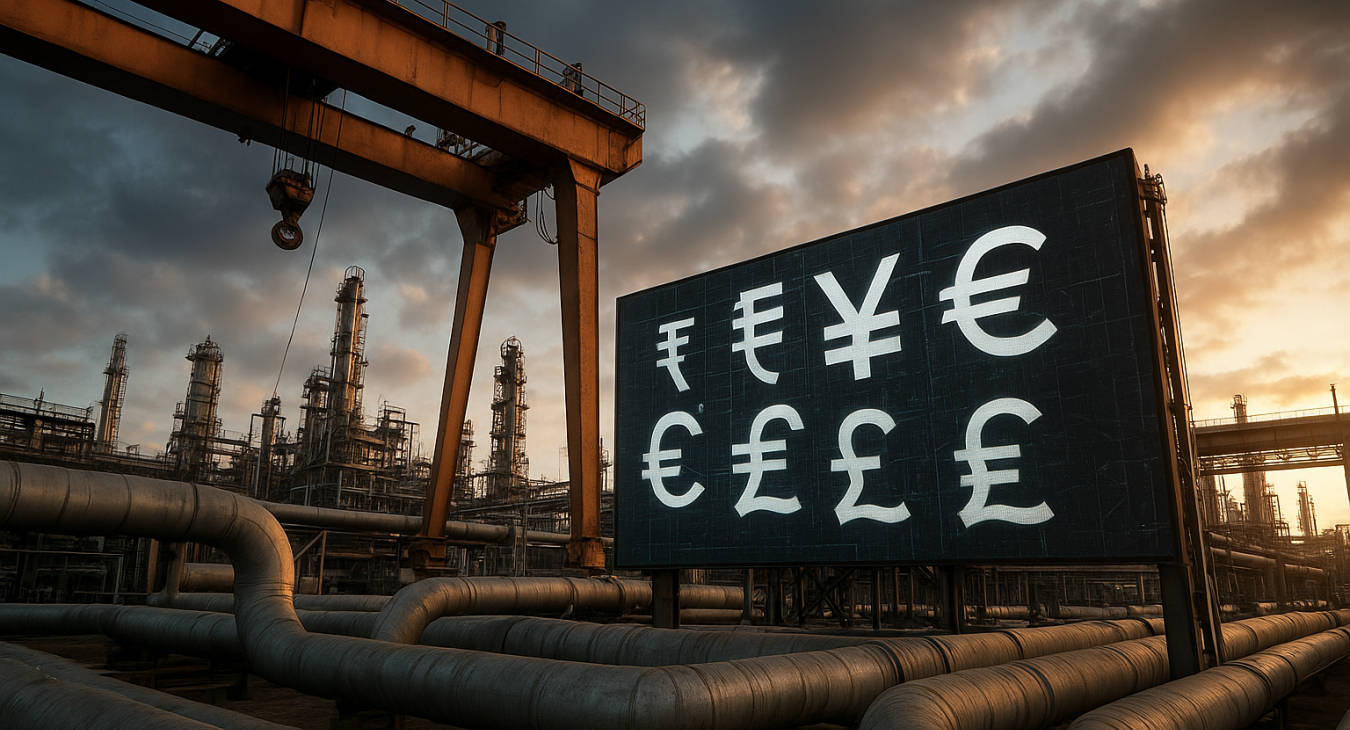 Dramatic photorealistic wide-angle shot of an industrial energy hub in Houston, Texas, with overhead cranes and massive pipelines, overlaid with digital commodity trading data instead of traditional dollar signs.