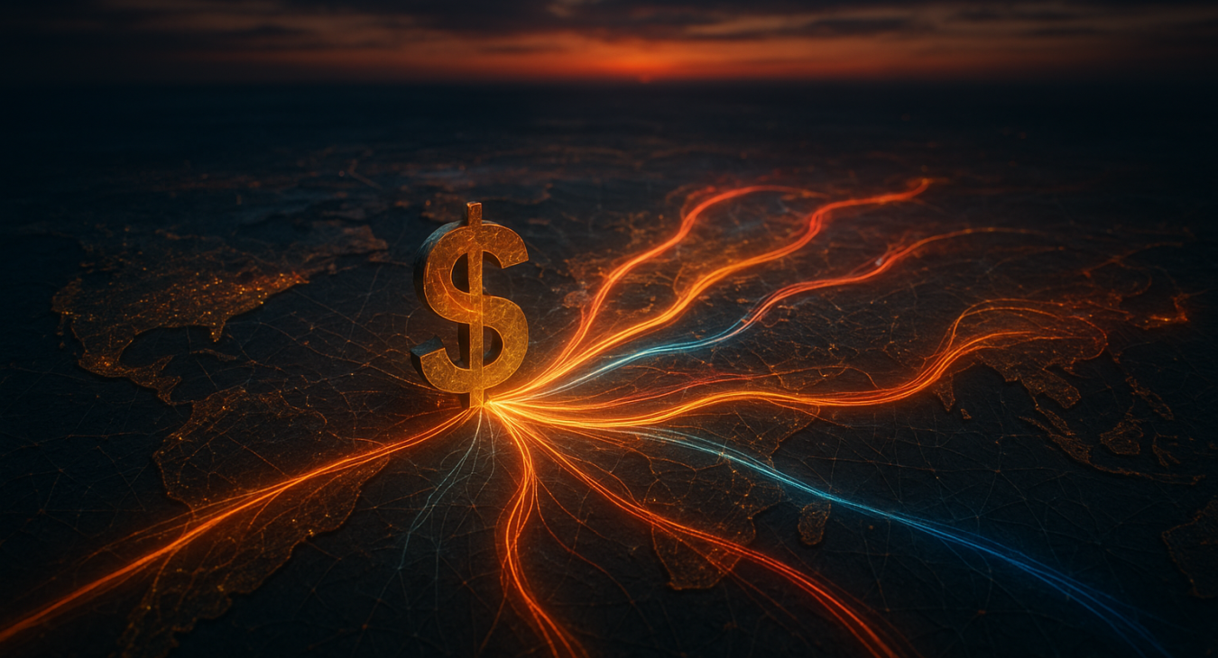 Photorealistic cinematic depiction of global finance undergoing a tectonic shift. Central dollar currency flows fracture into multiple glowing bilateral and multilateral streams.