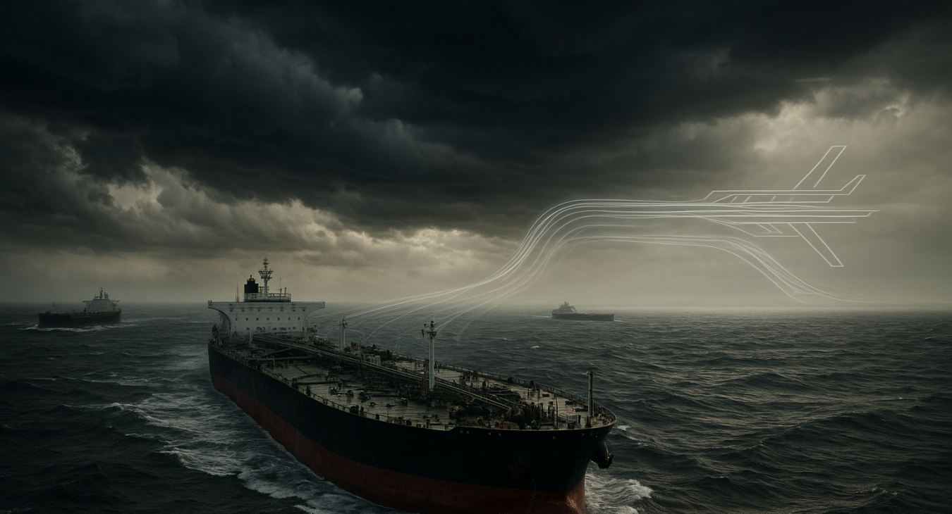 Massive supertankers navigate stormy, volatile waters near the Strait of Hormuz under a dramatic sky, with ethereal lines suggesting geopolitical tension.
