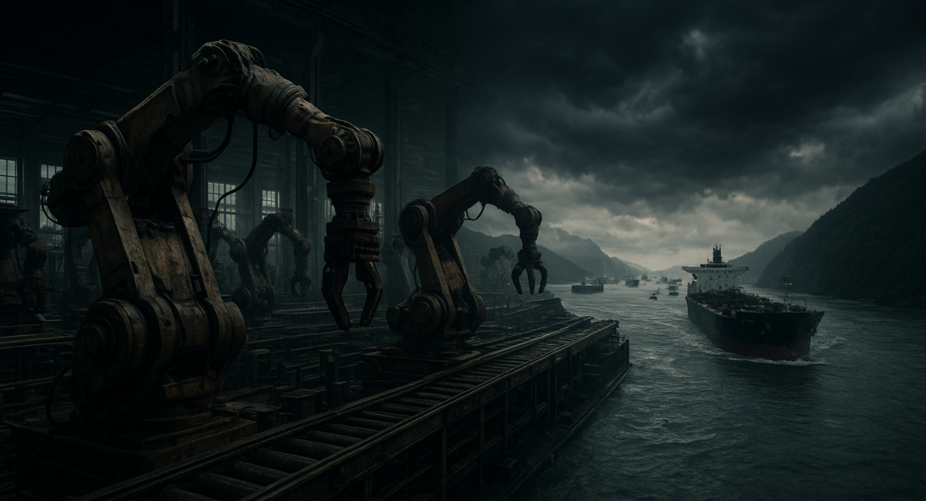 Abandoned massive assembly line robots in a Midwest factory, conveying tension between global energy supply and industrial readiness.