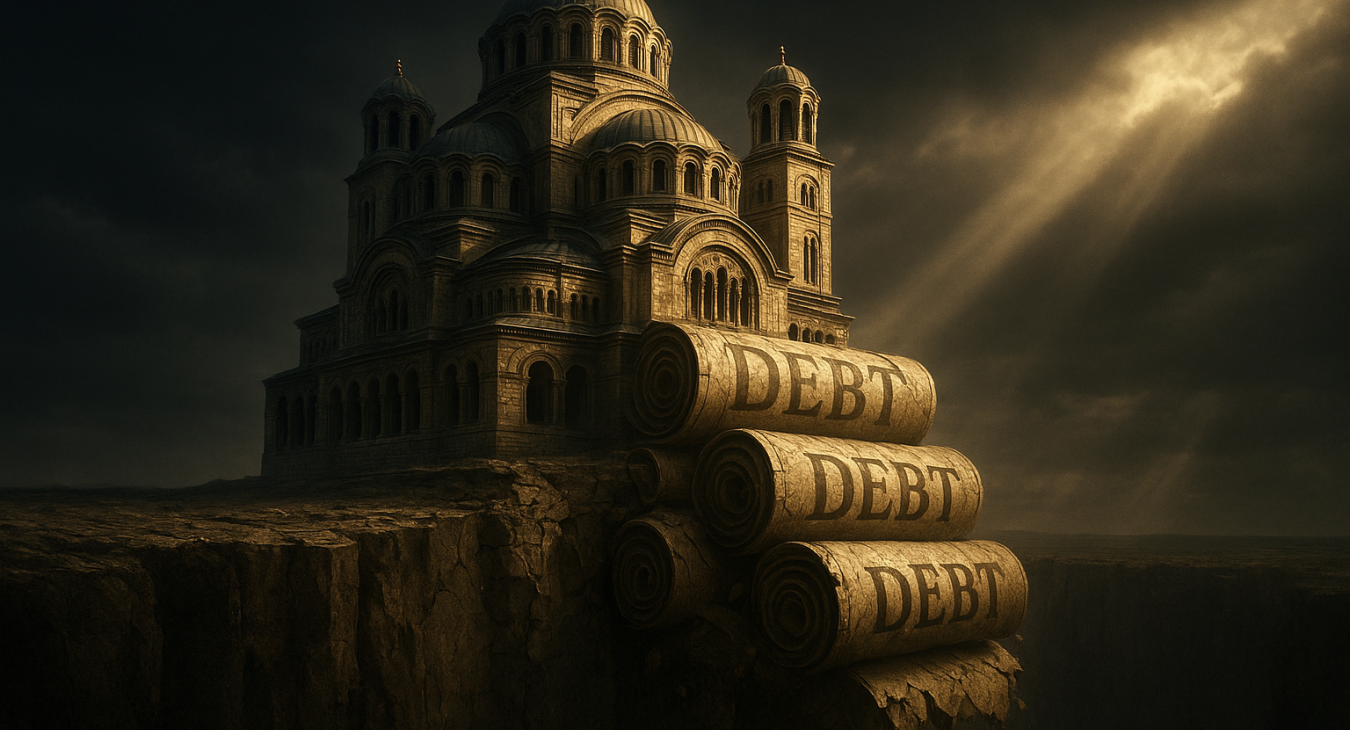 A colossal Byzantine-style building representing global finance teeters on a chasm's edge, its ornate foundations cracking under massive swirling scrolls labeled 'Debt'.