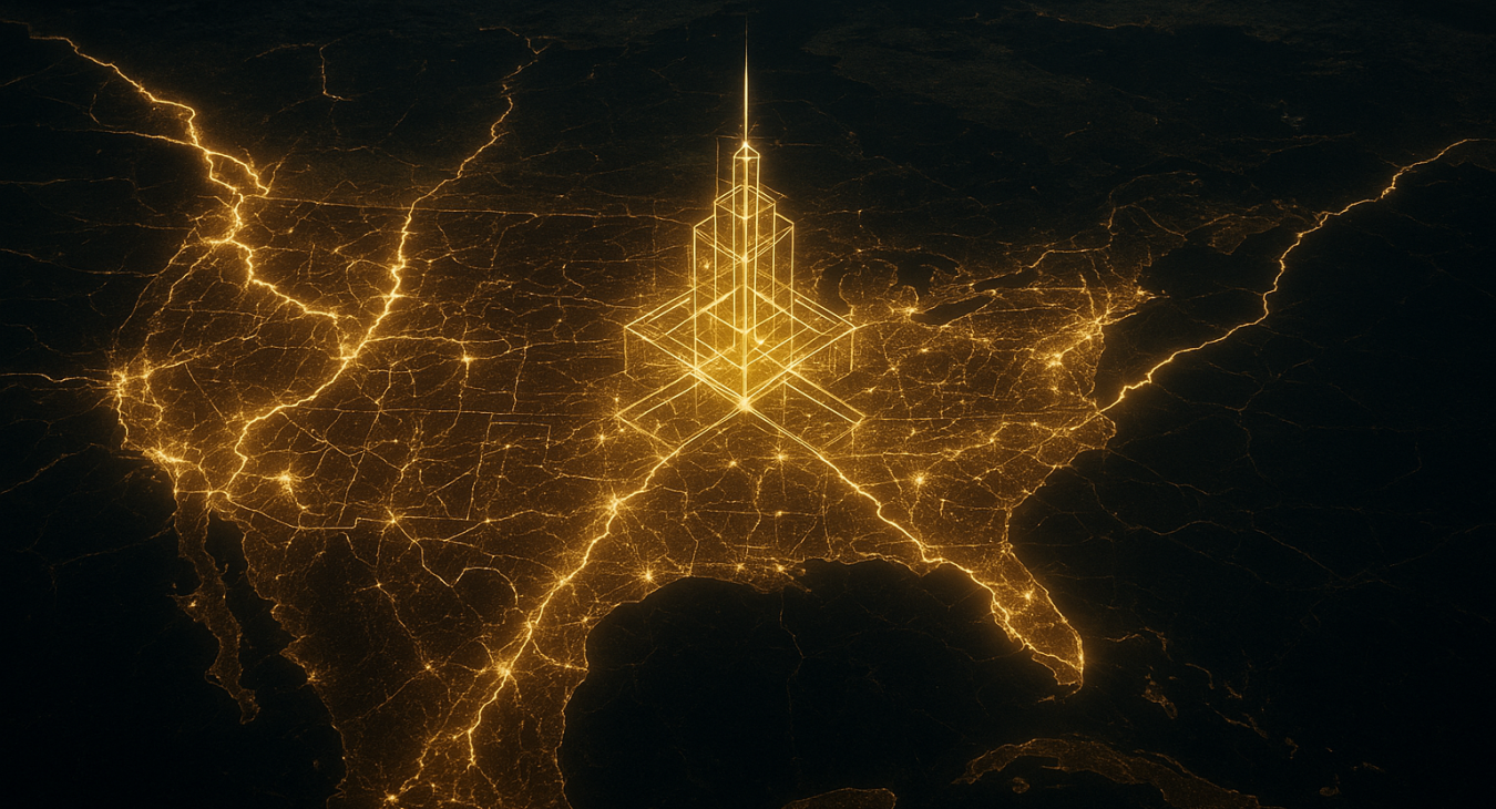 Aerial view of a glowing digital world map symbolizing global finance, with cracks and lightning representing stress and collapsing data streams originating from a distressed American financial hub.