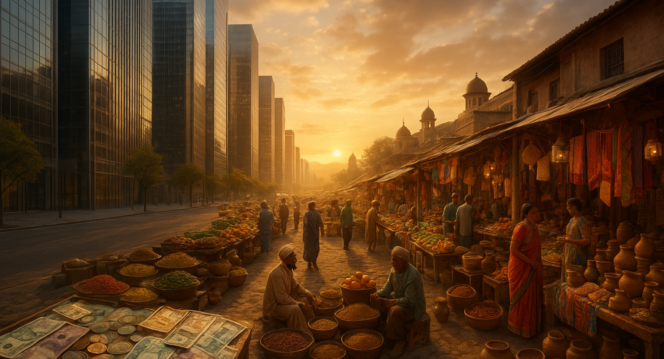 Cinematic landscape of a financial district where traditional glass skyscrapers merge into a vibrant, thriving alternative marketplace.