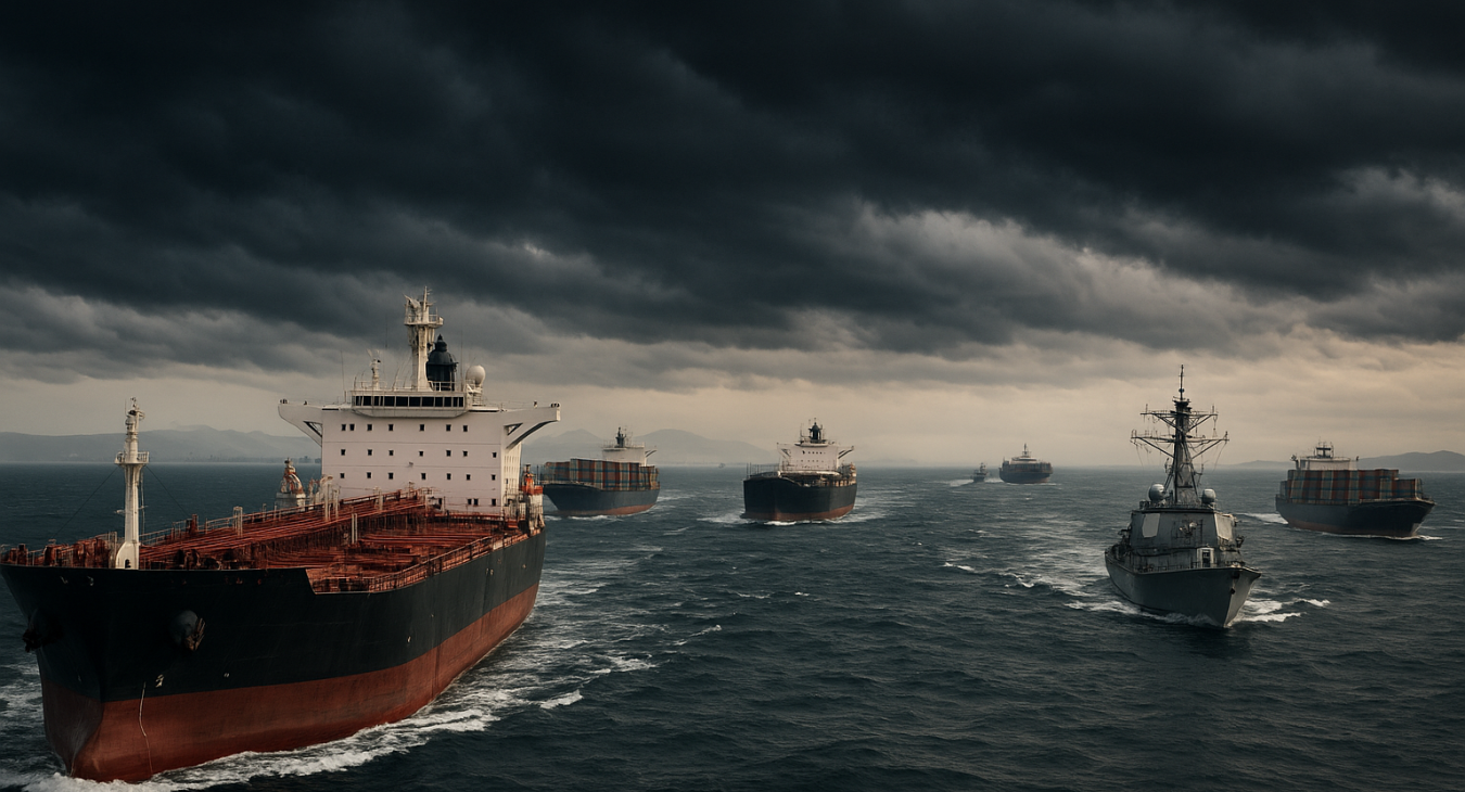 Photorealistic dramatic landscape photograph of a massive shipping bottleneck at the Strait of Hormuz with luxury oil tankers and container ships navigating tense waters alongside patrolling American warships.