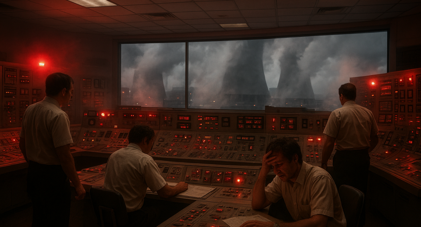 Cinematic photograph of the Three Mile Island nuclear station control room on March 28, 1979, depicting overwhelming systemic failure with flashing emergency lights illuminating overwhelmed operators.