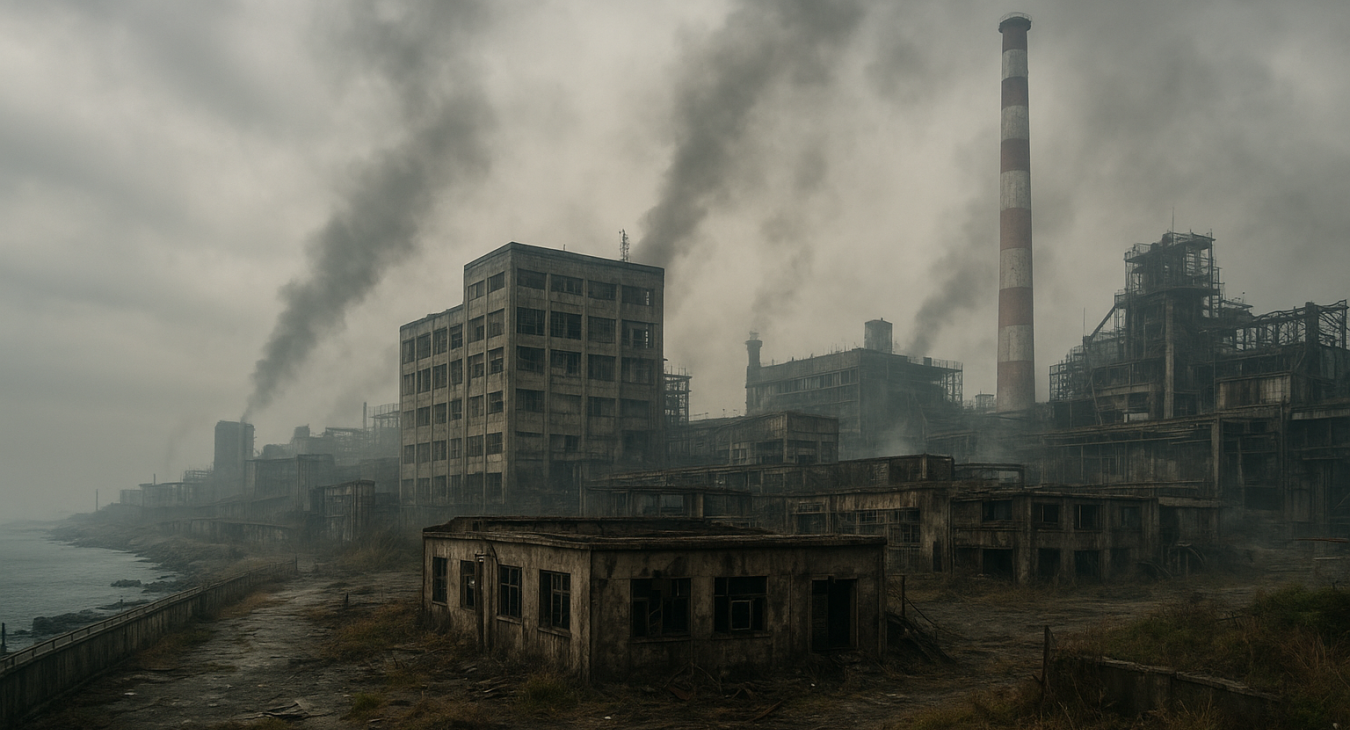 Wide-angle photorealistic photo of decaying industrial buildings in a coastal complex in Tokai-mura, Japan, shrouded in low smoke and haze, evoking a somber mood.