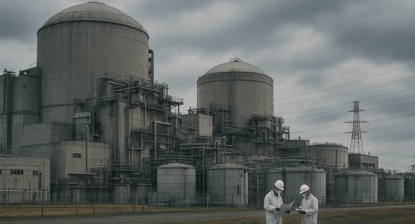 Photorealistic wide-angle landscape of massive nuclear facility structures in Tōkai, Ibaraki, Japan, blending high-tech complexity with lingering traces of historical accidents.