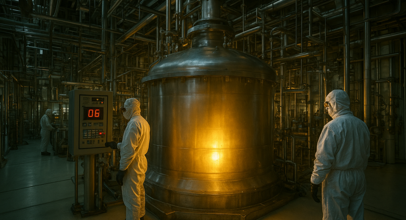 A photorealistic wide-angle landscape photograph inside a sterile industrial nuclear fuel preparation plant at Tokaimura, focused on a massive stainless steel precipitation tank agitated by intense processes, showing specialized technicians.