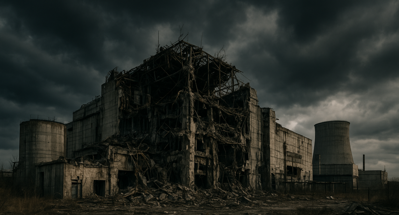 Severely damaged Centralized Spent Nuclear Fuel Storage Facility near Chornobyl, Ukraine, under an ominous sky, showing industrial ruin and the critical risks of nuclear storage.