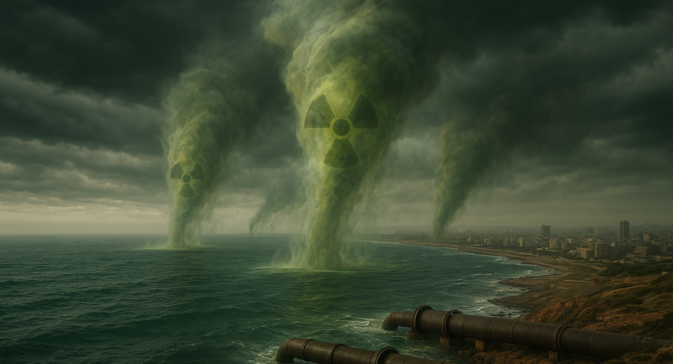 Dramatic photorealistic landscape over the Persian Gulf with ominous translucent radioactive contamination plumes drifting toward coastal cities and water intake pipes.