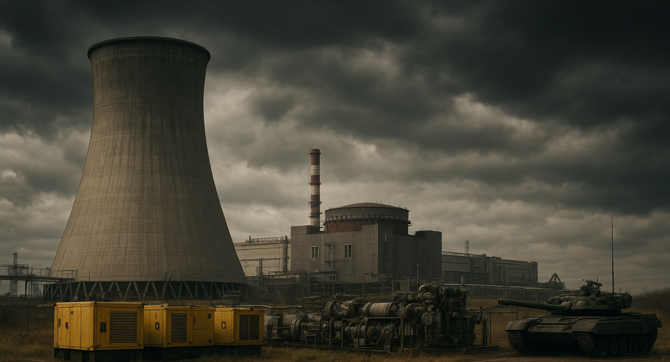 Photorealistic landscape of the Zaporizhzhia Nuclear Power Plant with immense cooling towers under a bruised sky, diesel generators humming near complex machinery, and distant military equipment.