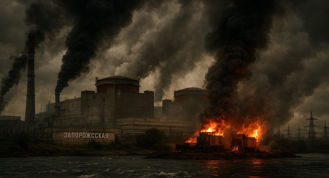 Dramatic landscape of the Zaporizhzhia Nuclear Power Plant with stressed diesel generators operating near cooling towers, plumes of smoke and industrial haze filling the sky during a crisis.