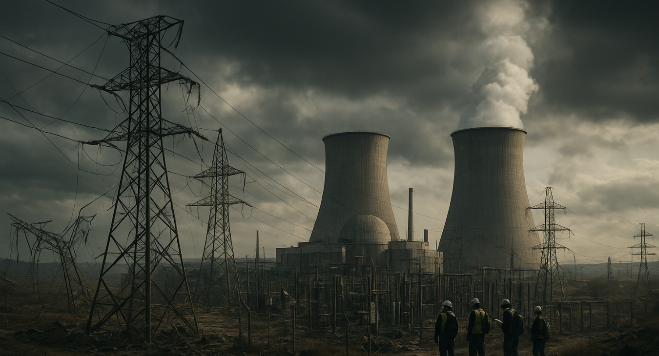 A cinematic photorealistic landscape of a nuclear power plant in a conflict zone, with damaged substations and transmission lines, and international monitoring teams examining the infrastructure.