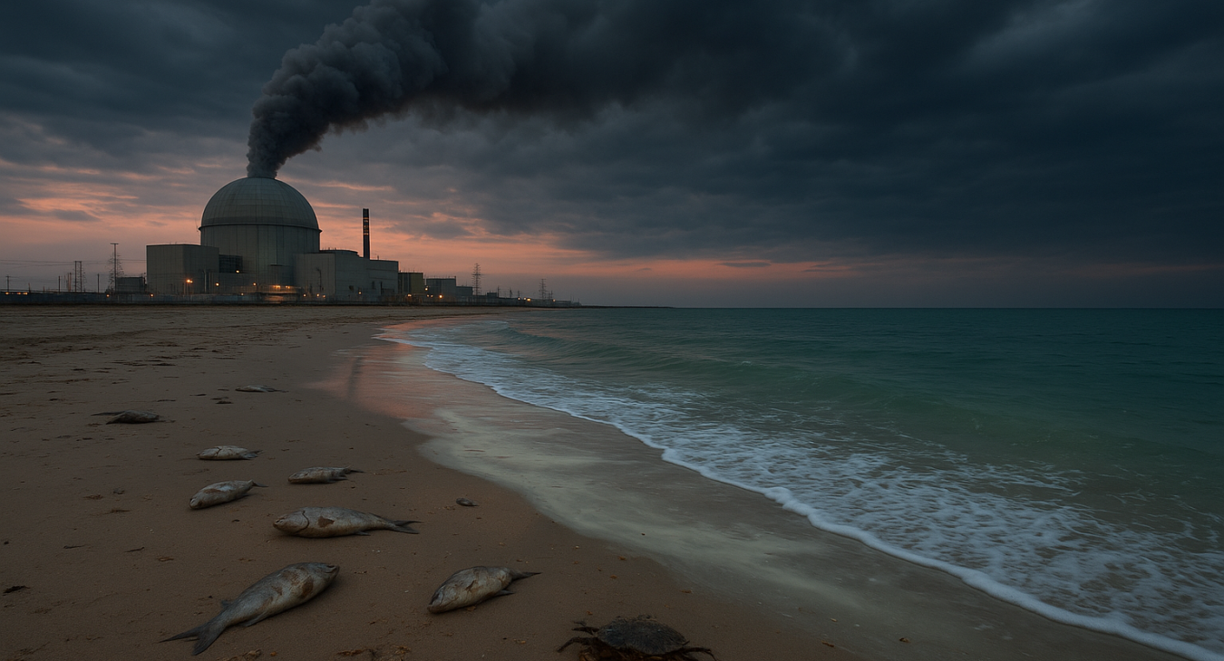 Twilight view of a nuclear power plant on the Persian Gulf, with radioactive plume and contaminants spreading into the ocean, killing marine life.
