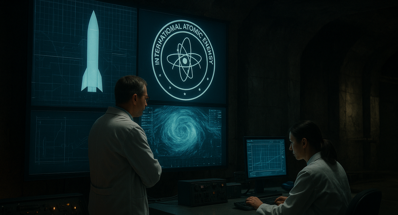 Dramatic cinematic photo of scientific monitoring equipment in a subterranean nuclear facility, showing military schematics, missile silhouettes, international regulatory seals, and technical experts.