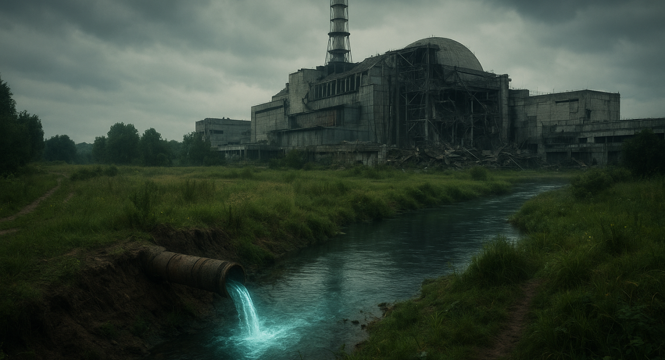Wide, cinematic landscape of a partially damaged nuclear power plant near a rural area, with faintly glowing contaminated water seeping from exposed piping into the soil and an adjacent river.