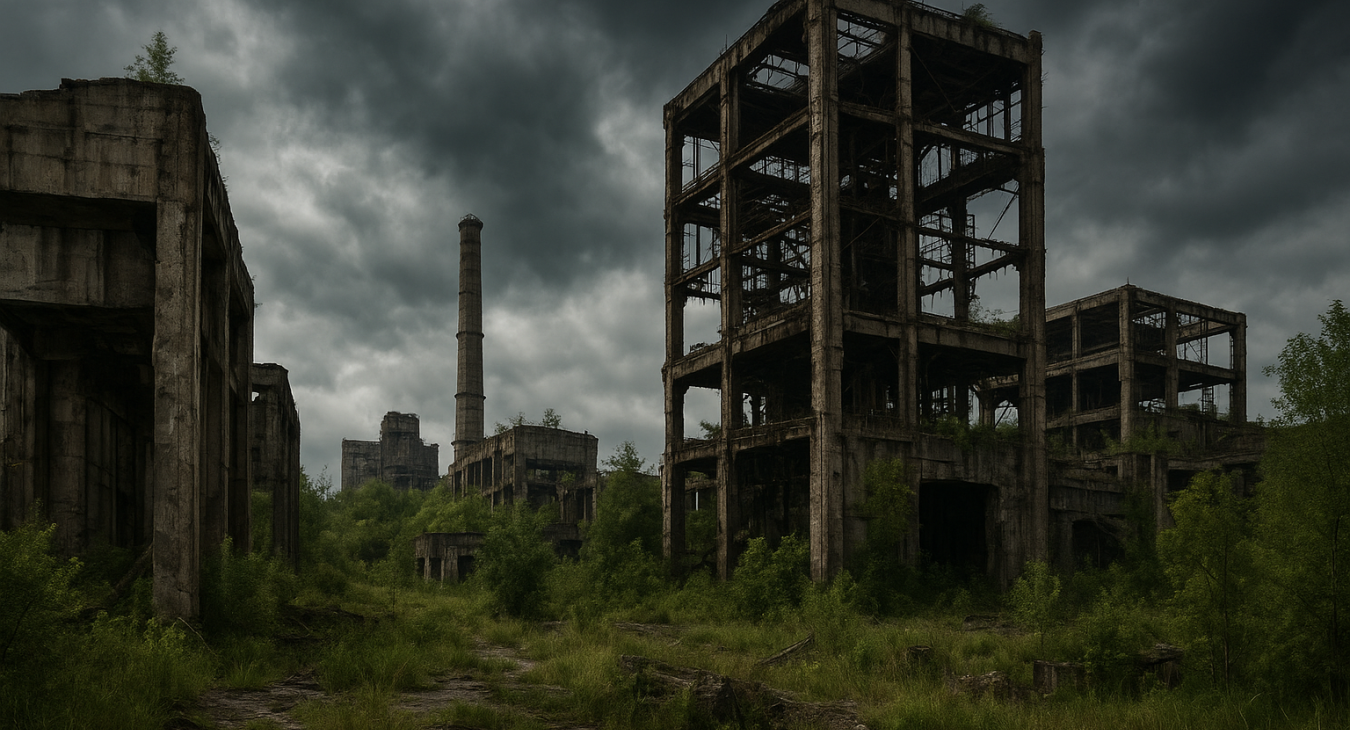 Photorealistic landscape of monumental industrial ruins in the Chernobyl Exclusion Zone, with massive concrete structures reclaimed by resilient vegetation under a dramatic, somber sky.