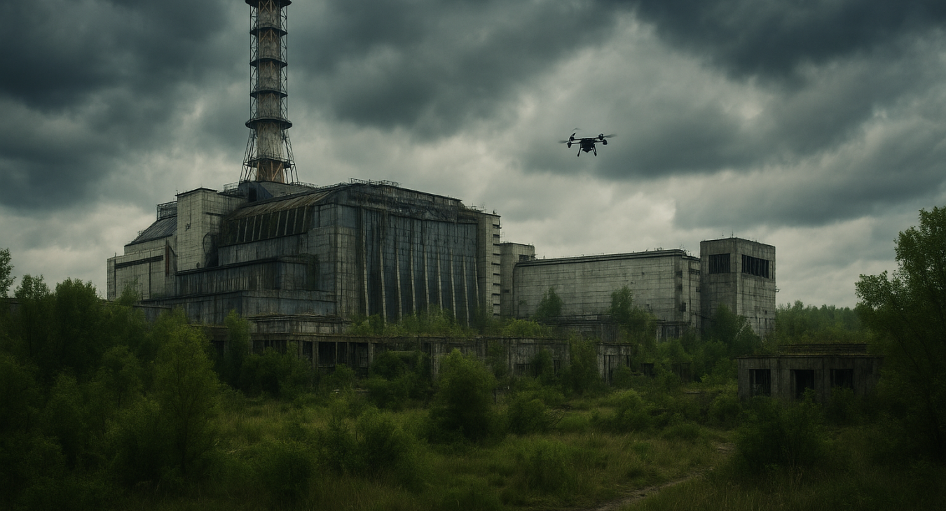 Overgrown, derelict Chernobyl nuclear power plant complex reclaimed by nature, with a scientific monitoring drone in the distance.