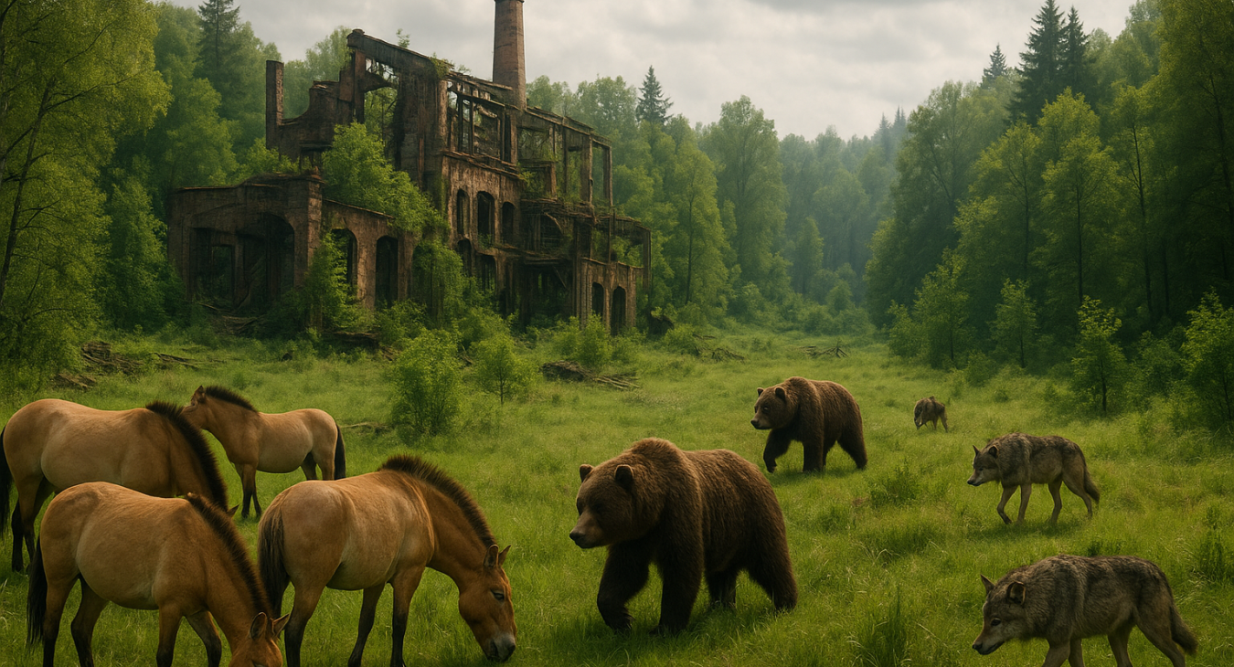 A cinematic photorealistic landscape of a rewilding zone in an old exclusion area, where a mixed herd of Przewalski's horses grazes near large wild bears and wolves patrolling through a vibrant, resilient forest.