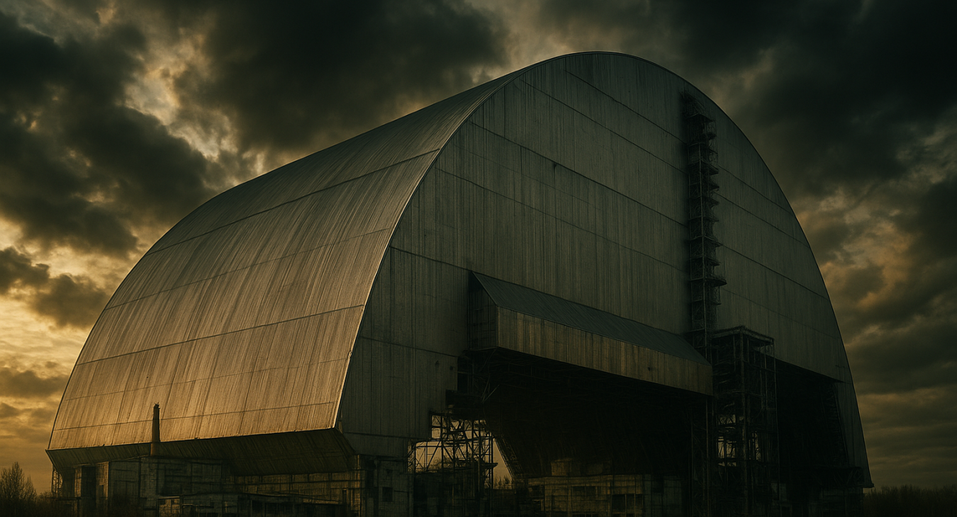Cinematic landscape shot of the colossal New Safe Confinement arch covering Reactor Block 4 at Chernobyl, showcasing its massive industrial steel structure against a dramatic, post-apocalyptic sky.