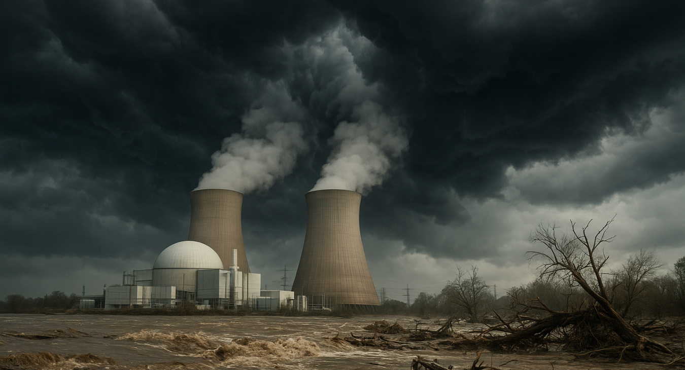 A modern nuclear power plant under oppressive storm clouds, with flash flooding and wind damage indicating extreme weather strain.