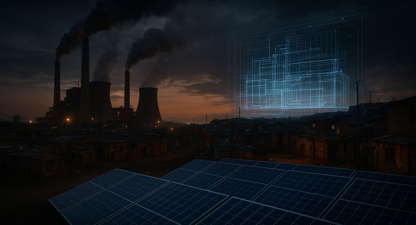 A dramatic photorealistic scene of South Africa's power crisis, with dark coal-fired industrial machinery contrasting with glowing solar panels and modern infrastructure blueprints