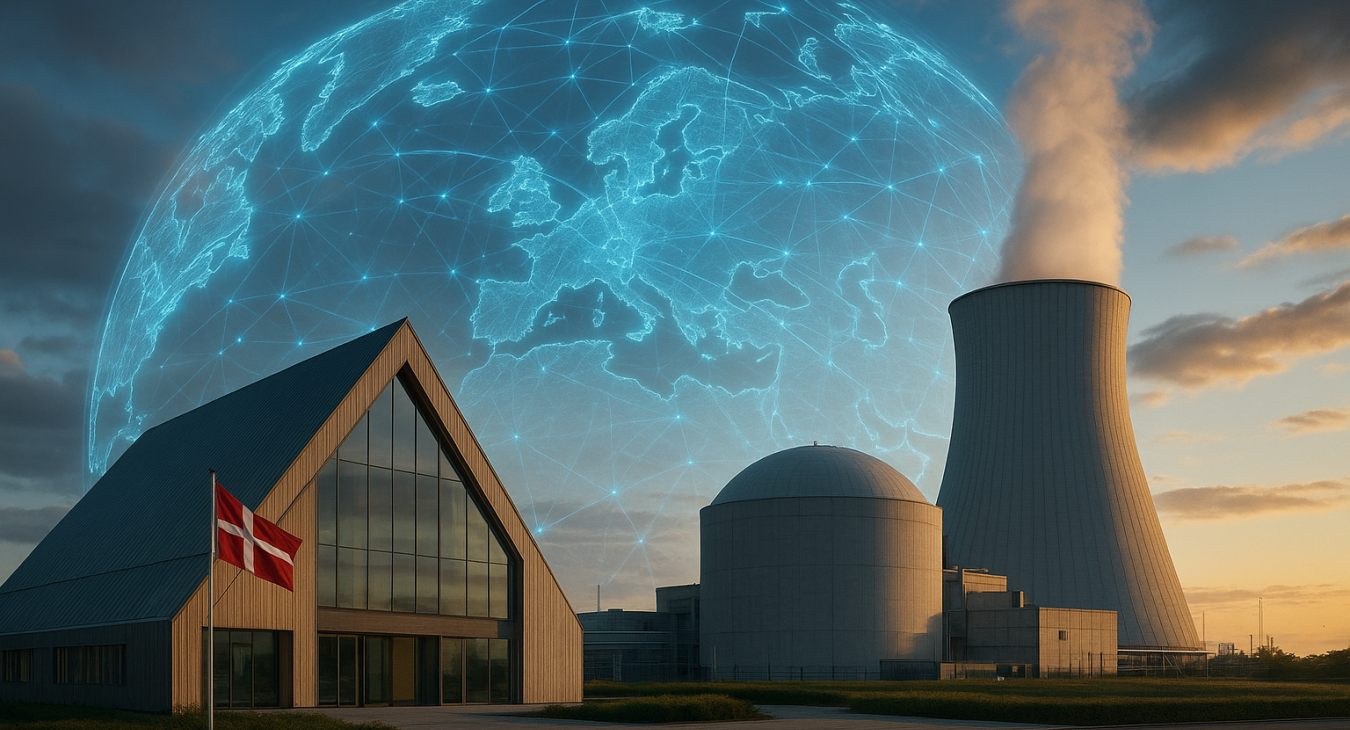 A photorealistic cinematic image of futuristic Danish design merging with advanced nuclear energy, with holographic global supply chains radiating from Denmark.