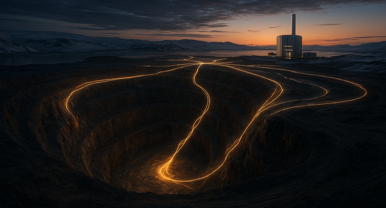 A dramatic, high-contrast photorealistic image showing a massive subterranean uranium ore deposit in a remote Arctic mining setting, overlaid with faint, glowing lines of light that trace the mineral's journey through global shipping routes.