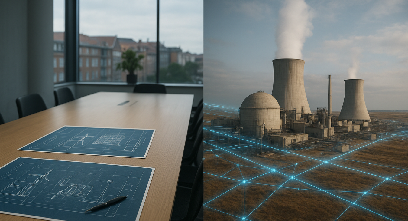 A photorealistic cinematic split scene contrasting a modern Danish conference room with sustainable technology blueprints on one side and a vast, imposing industrial nuclear facility on the other, symbolizing an energy geopolitical crossroads.