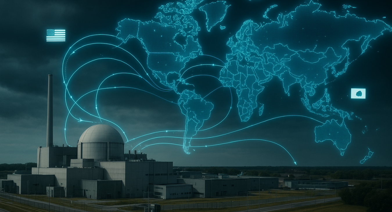 Dramatic wide shot of a nuclear enrichment facility in Denmark, overlaid with advanced energy schematics highlighting fragile supply lines stretching to distant powerful non-allied nations.