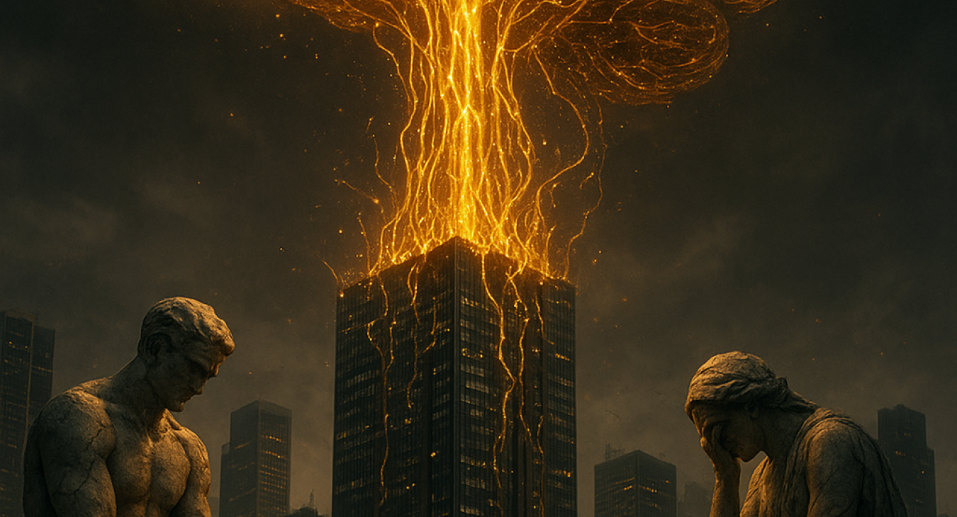 Cinematic hyperdetailed shot of a colossal glowing neural network rising from a modern skyscraper city, with violent gold streams of investment coursing through circuitry, marred by massive foundational cracks.