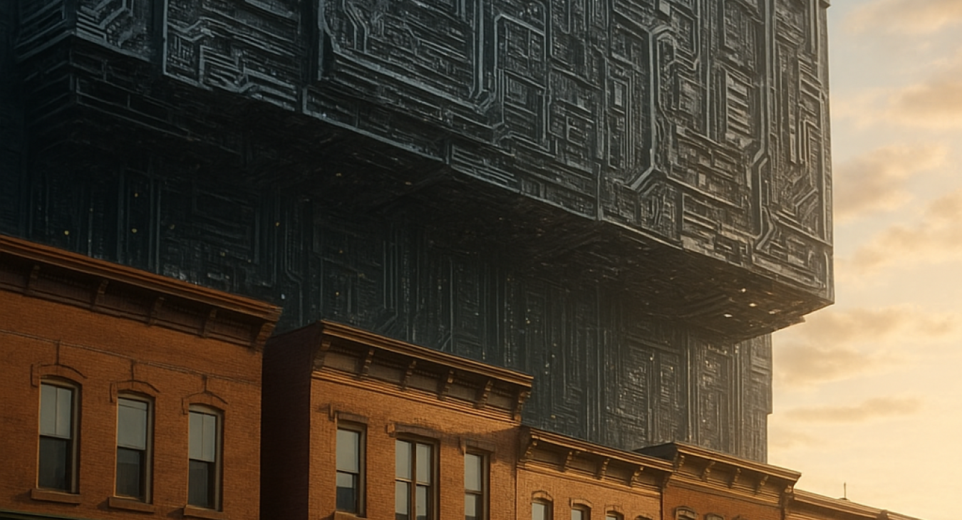 A cinematic hyperrealistic shot: a massive futuristic data center of gleaming steel and circuitry looms overhead, casting a dramatic shadow over a charming, brightly lit historic Main Street lined with small shops.