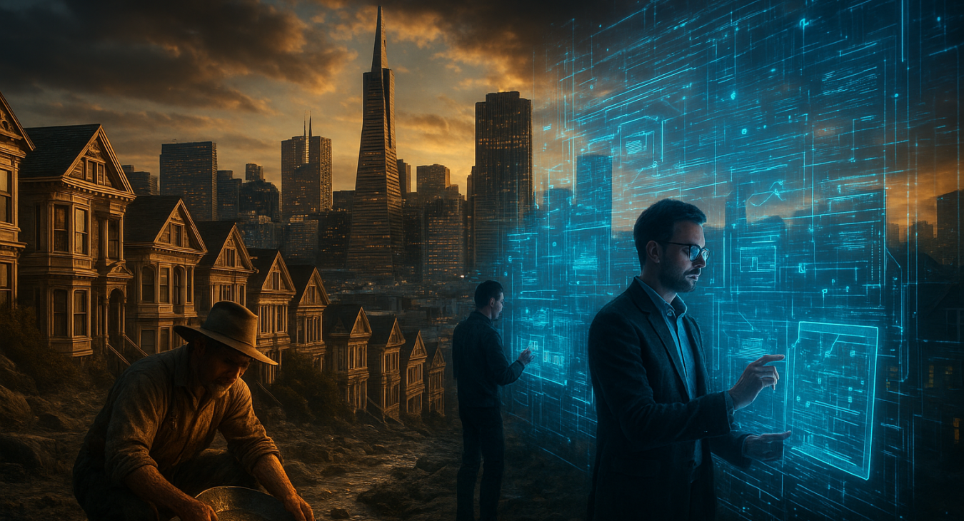 Photorealistic San Francisco cityscape blending historic Victorian architecture with futuristic holographic AI interfaces, featuring gold rush miners and modern tech developers against a stunning backdrop.