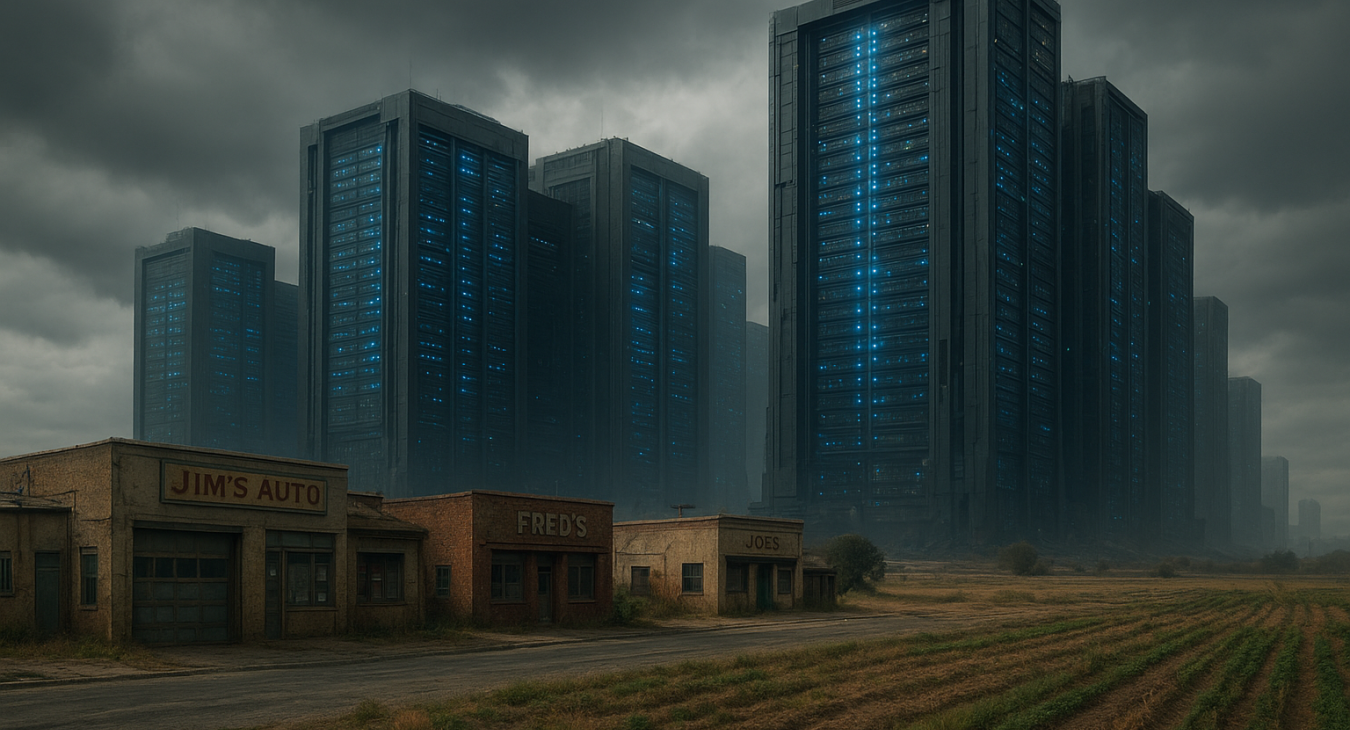 Gargantuan futuristic data centers with glowing server racks loom over a dystopian American landscape, contrasted by small struggling businesses and fields showing neglect with signs of potential growth.