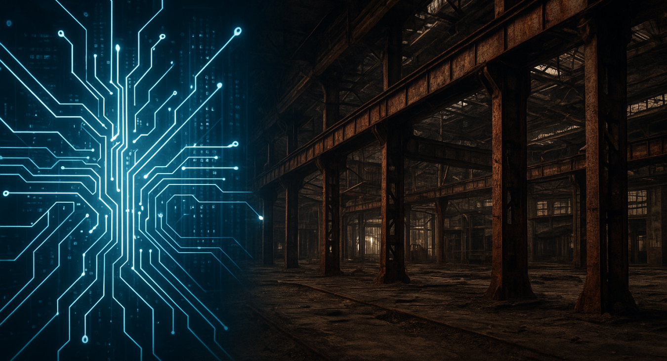 A photorealistic cinematic shot contrasting glowing data circuits and server racks with rusted steel beams of an abandoned Detroit auto factory, symbolizing the tension between technological boom and structural decay.