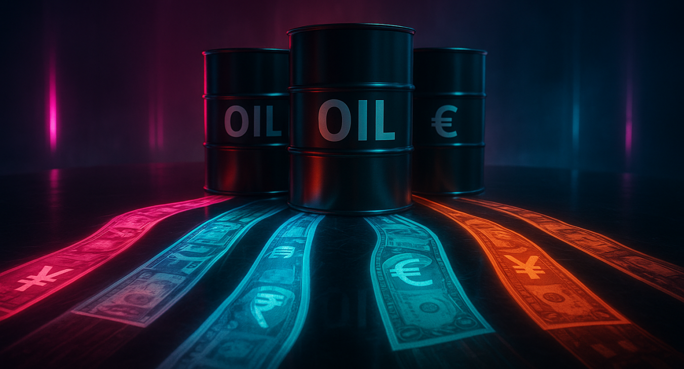 Photorealistic wide shot of a dramatic global financial crossroads: oil barrels on a polished obsidian table under neon light, with streams of diverse international currencies instead of US dollar stacks.