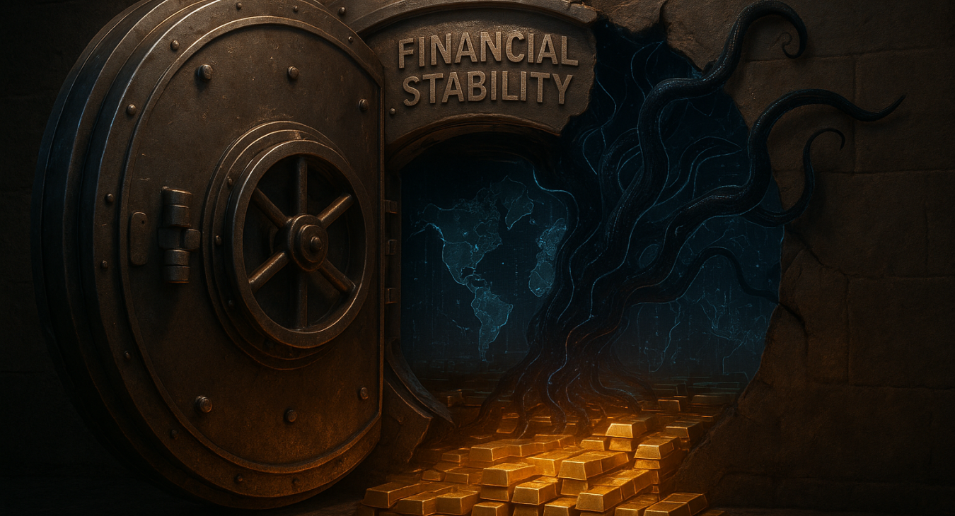 Cinematic photorealistic shot of a massive ancient vault door labeled 'Financial Stability' cracked open, with shadowy digital tentacles and global geopolitical maps emerging.