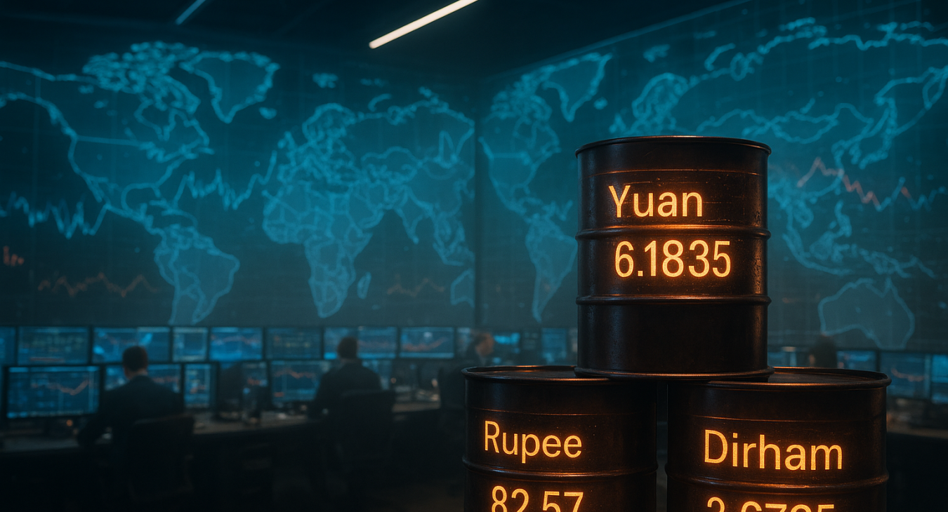 Hyperrealistic, dramatic shot inside a modern energy trading floor in Houston with stacked oil barrels featuring glowing digital interfaces showing fluctuating values in yuan, rupee, and dirham, overlaid with geopolitical map projections.