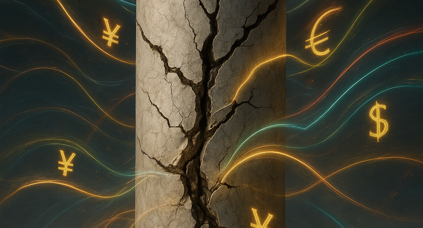 Photorealistic depiction of a colossal marble pillar labeled 'USD' cracking under tension, with vibrant streams of global local currencies like Yen and Yuan flowing around it.