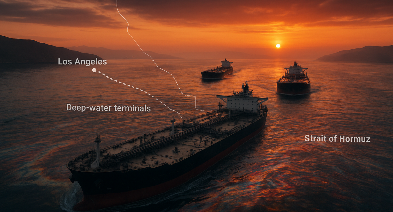 Dramatic photorealistic supertankers navigating the narrow Strait of Hormuz at an oil-slicked dawn, with a blurred digital supply chain overlay.