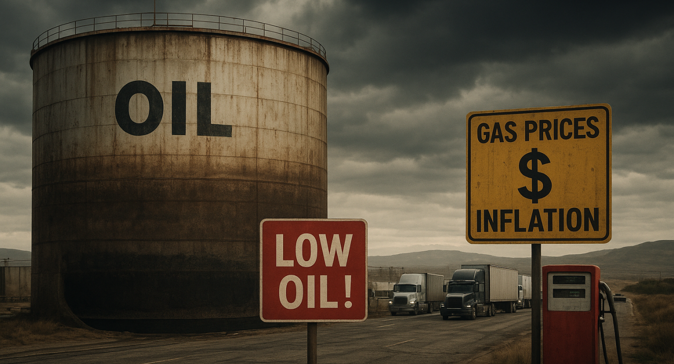 A cinematic photorealism image of a massive, ominous oil storage facility with dangerously low crude oil levels in ancient tanks, symbolizing dwindling national stability and a stressed America.