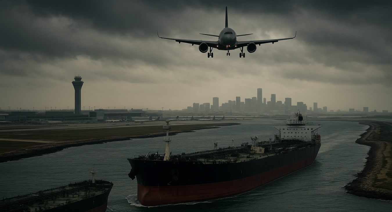 Photorealistic image of colossal oil supertankers struggling through a narrowed shipping lane that symbolizes the Strait of Hormuz chokepoint, with a distant skyline overhead, illustrating geopolitical threat and economic fragility.