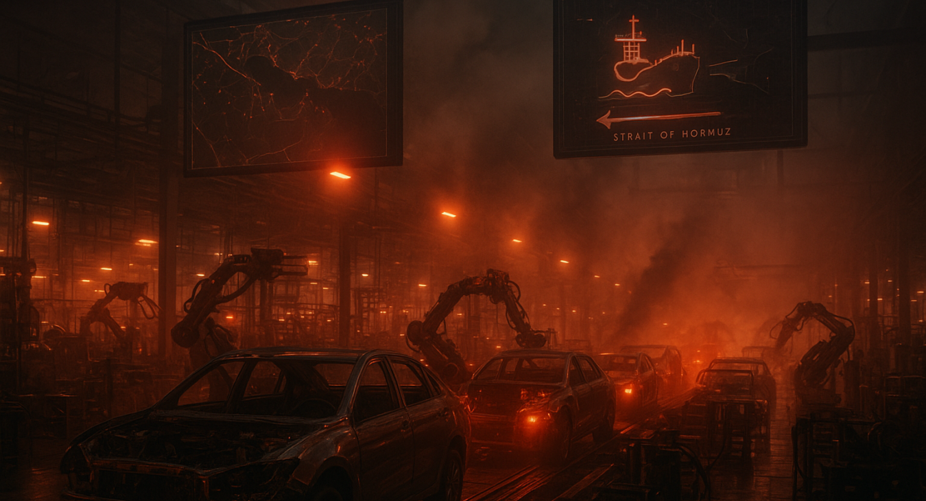 A dramatic dusk scene of a large Midwestern auto manufacturing plant with machinery idle under emergency lighting, and subtle indicators of a broken digital supply chain.