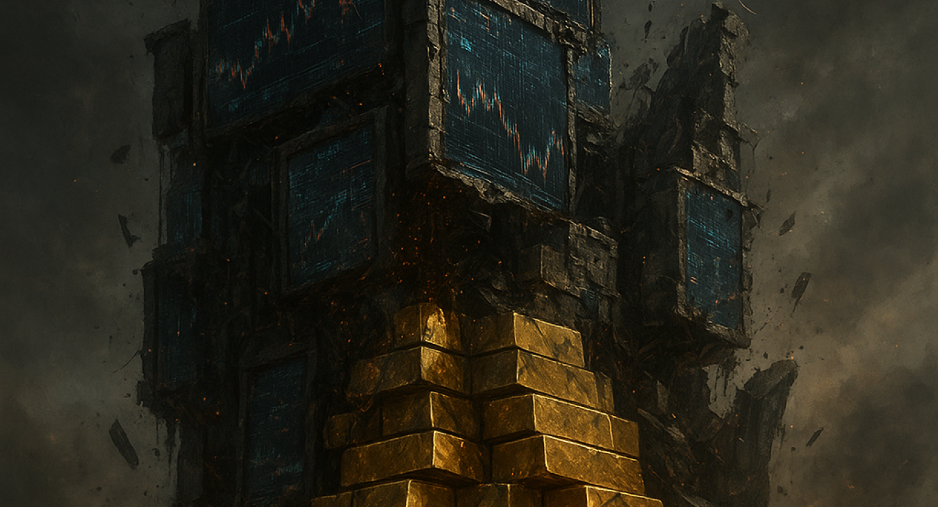 Colossal, crumbling architectural foundations made of flickering digital screens and stacked gold bars, symbolizing the structural failure and deep systemic crisis of modern global finance.