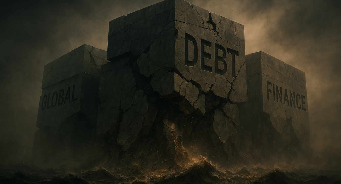 Photorealistic cinematic shot of colossal interconnected geometric structures symbolizing global debt and financial systems cracking under subterranean commodity price waves, crumbling into twilight.