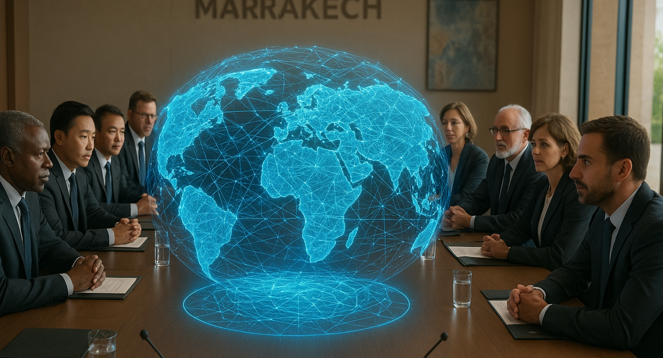 International delegates seated at a modern conference table in Marrakech, looking at a holographic projection of interconnected global trade and financial networks.