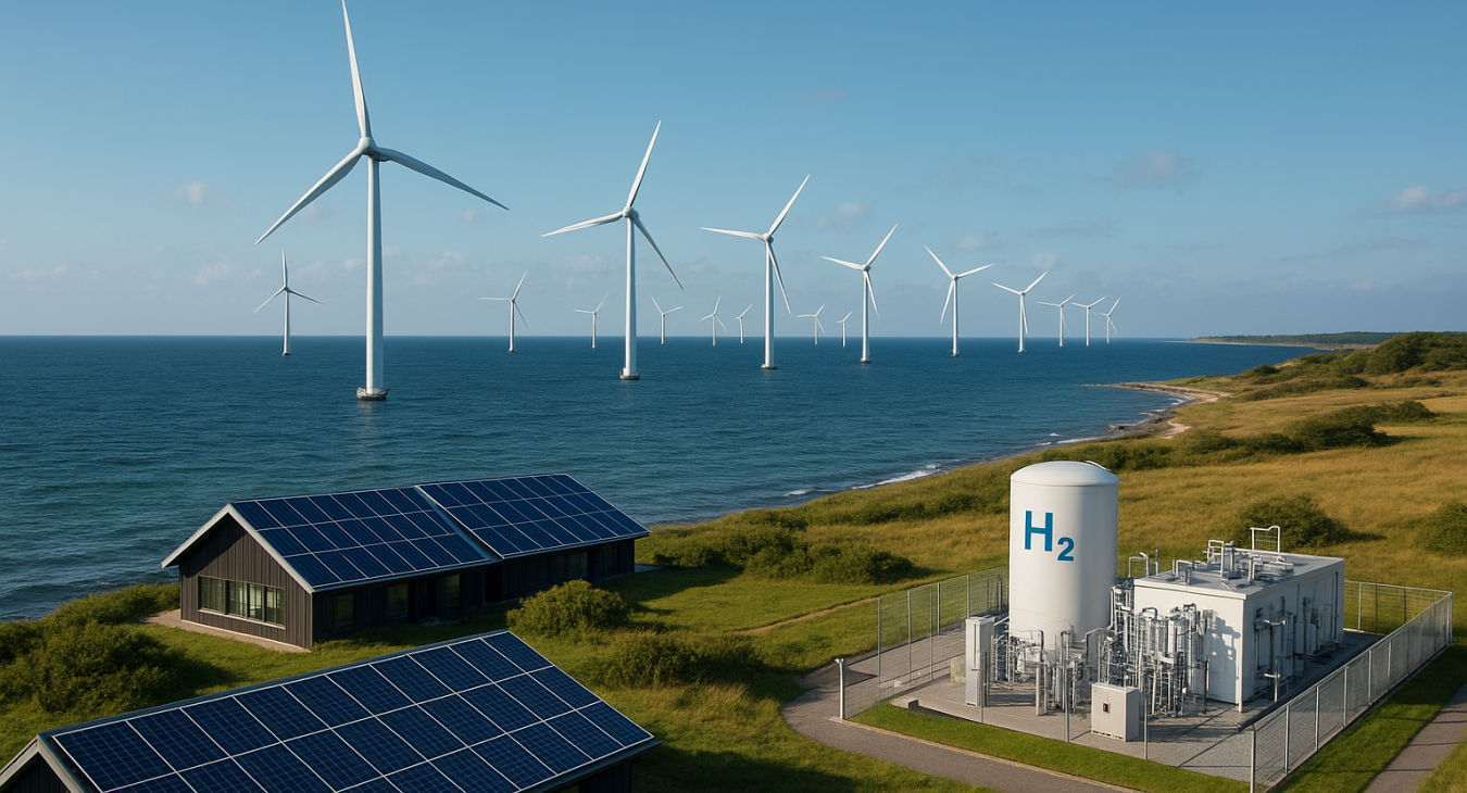 Photorealistic Danish coastline with offshore wind farms, solar panels on coastal buildings, and smart technology integration.