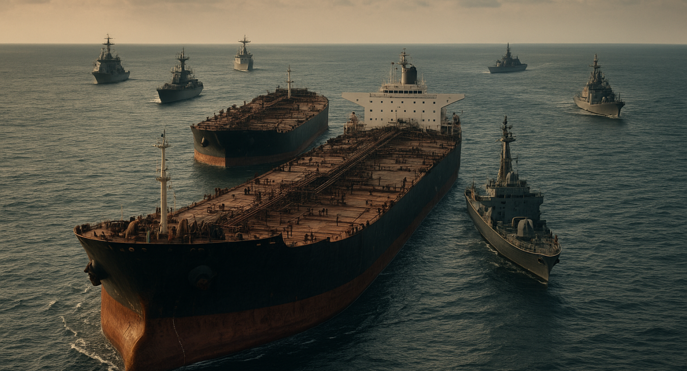 Photorealistic cinematic landscape of colossal oil tankers immobilized and backed up in the restricted Strait of Hormuz, with distant heavily armed naval vessels from opposing forces patrolling the tense waters, symbolizing geopolitical tension.