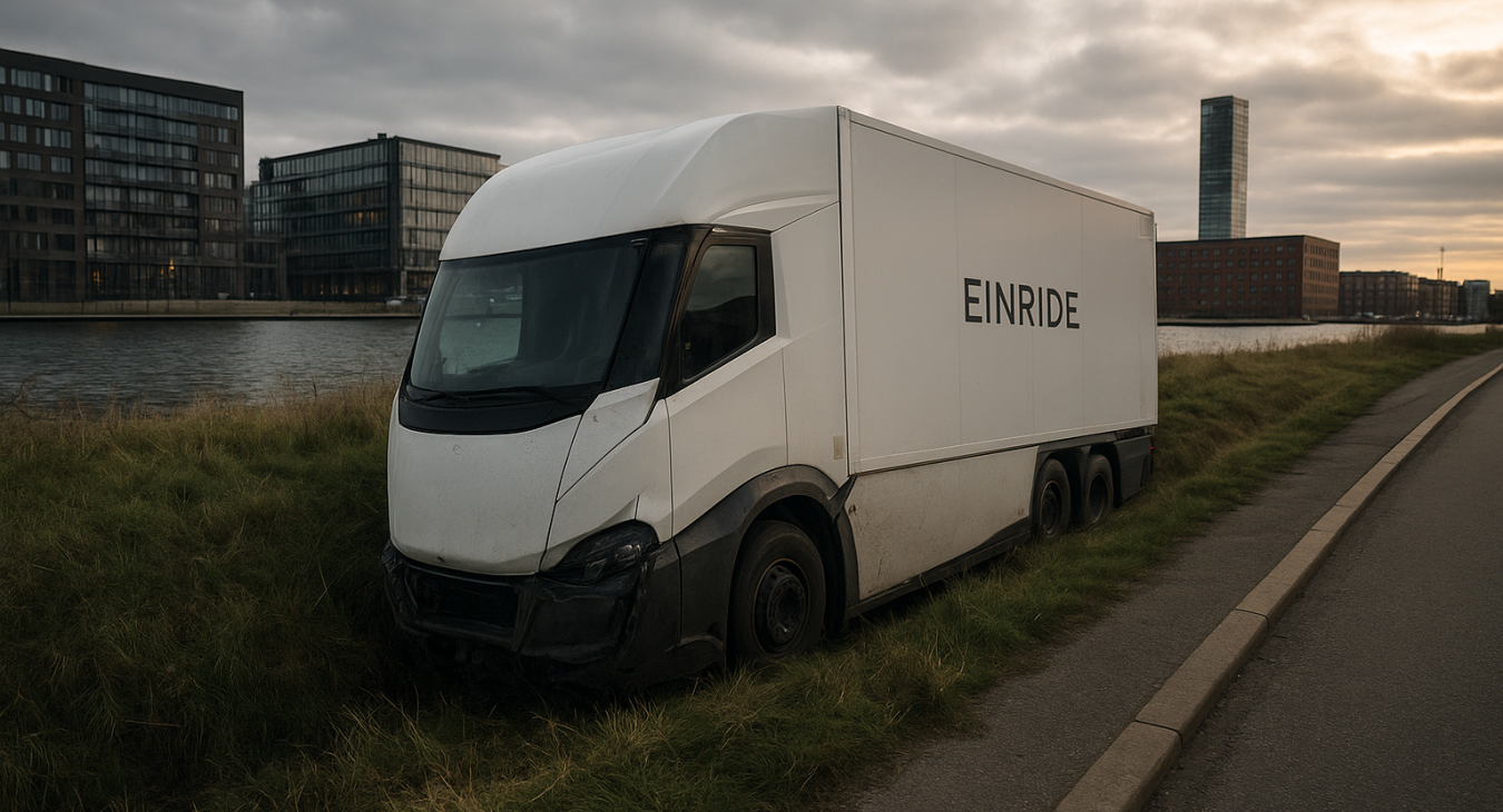 A photorealistic cinematic landscape of an Einride electric autonomous truck in a grassy ditch near Islands Brygge, Copenhagen, its malfunction evident against the scenic backdrop.